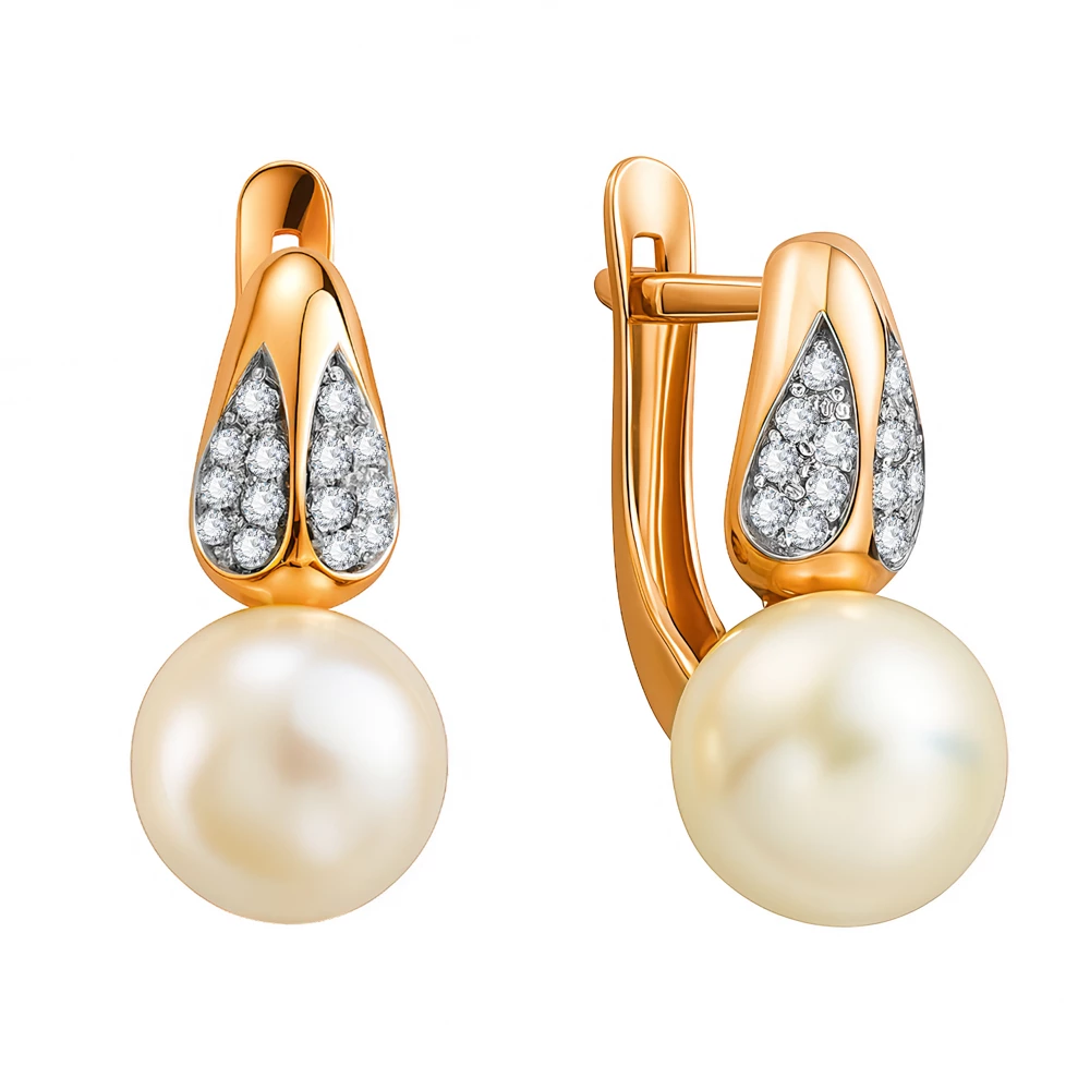 Серьги с культивированным жемчугом и фианитами из красного золота 585 пробы Серьги с культивированным жемчугом и фианитами из красного золота 585 пробы