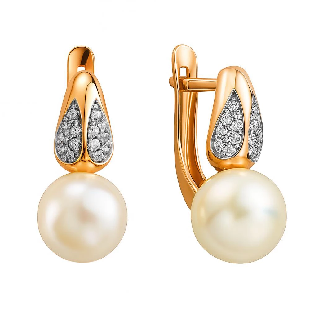 Серьги с культивированным жемчугом и фианитами из красного золота 585 пробы