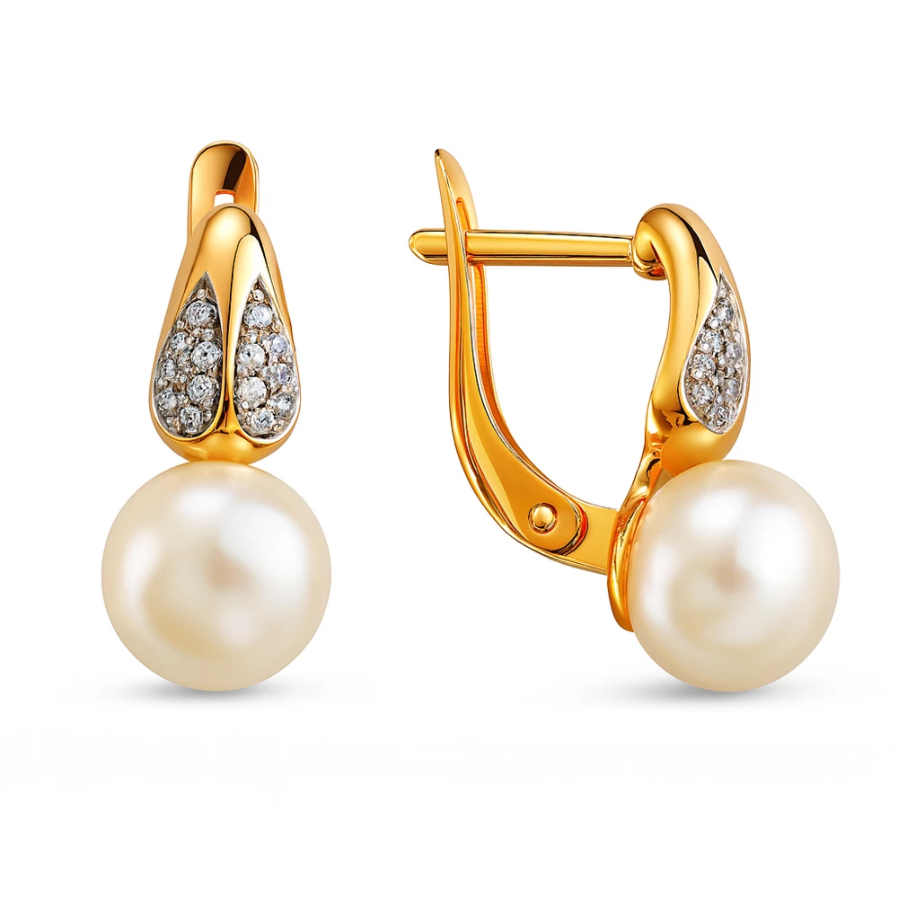 Серьги с культивированным жемчугом и фианитами из красного золота 585 пробы Серьги с культивированным жемчугом и фианитами из красного золота 585 пробы