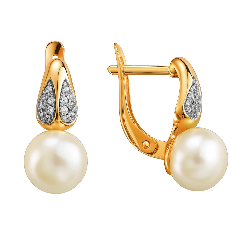 Серьги с культивированным жемчугом и фианитами из красного золота 585 пробы
