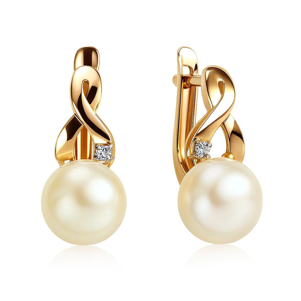 Серьги с культивированным жемчугом и фианитами из красного золота 585 пробы Серьги с культивированным жемчугом и фианитами из красного золота 585 пробы