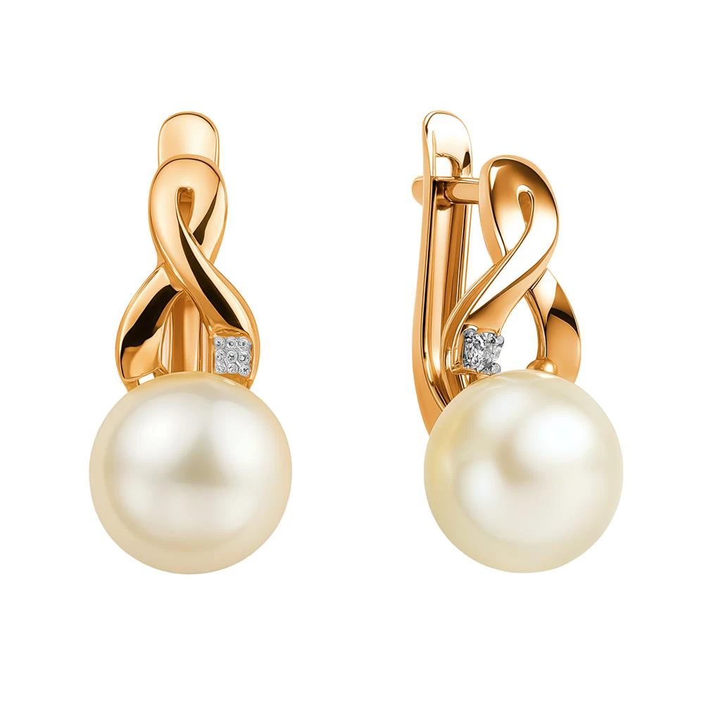 Серьги с культивированным жемчугом и фианитами из красного золота 585 пробы