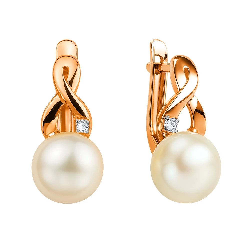 Серьги с культивированным жемчугом и фианитами из красного золота 585 пробы