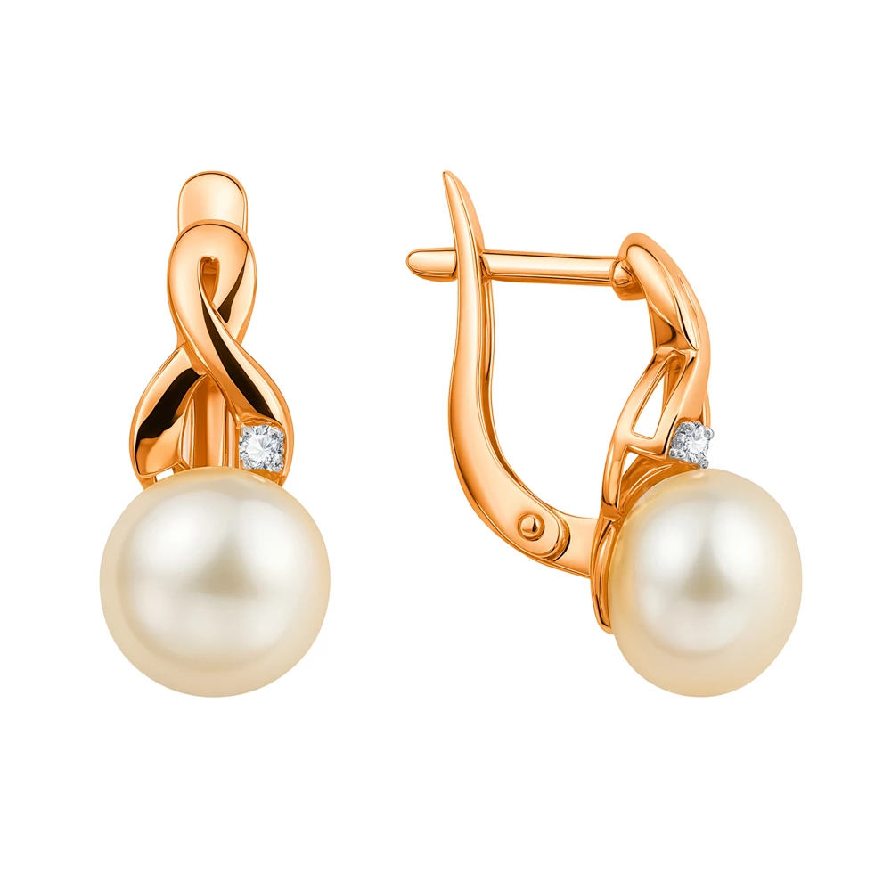 Серьги с культивированным жемчугом и фианитами из красного золота 585 пробы