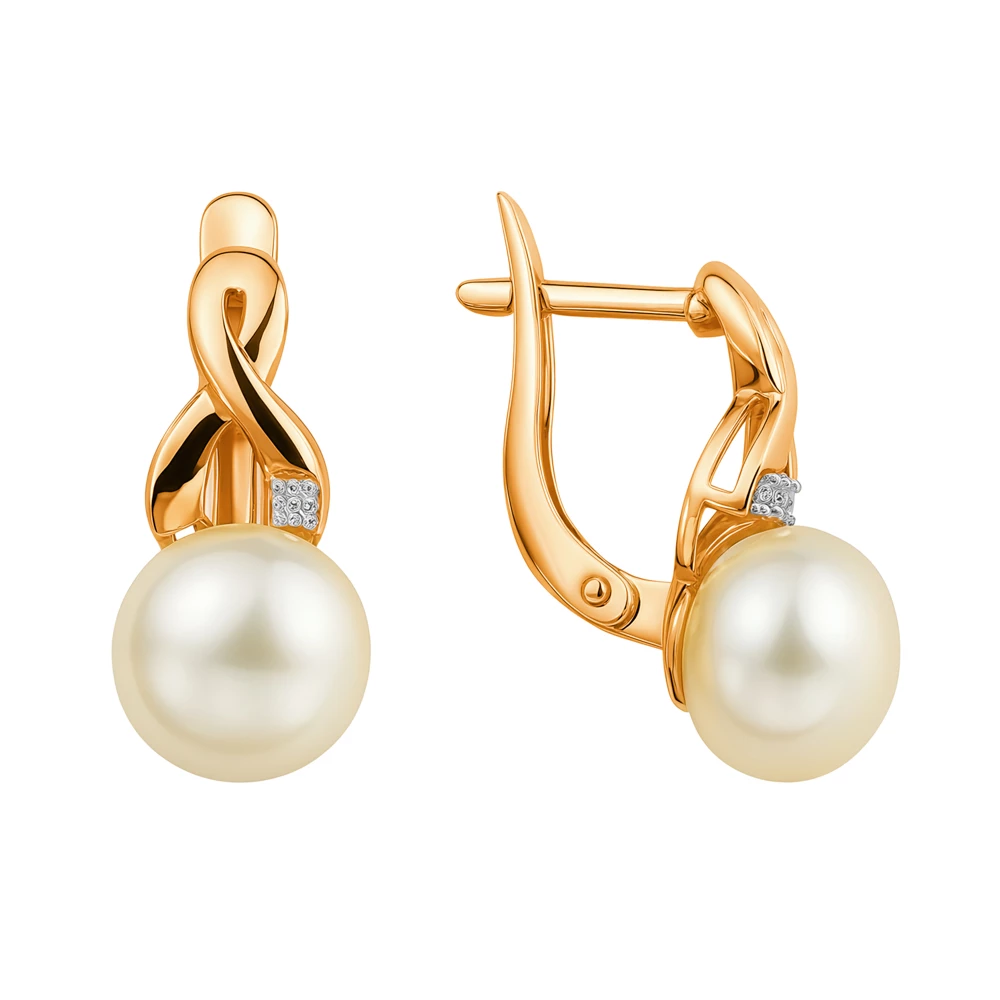 Серьги с культивированным жемчугом и фианитами из красного золота 585 пробы