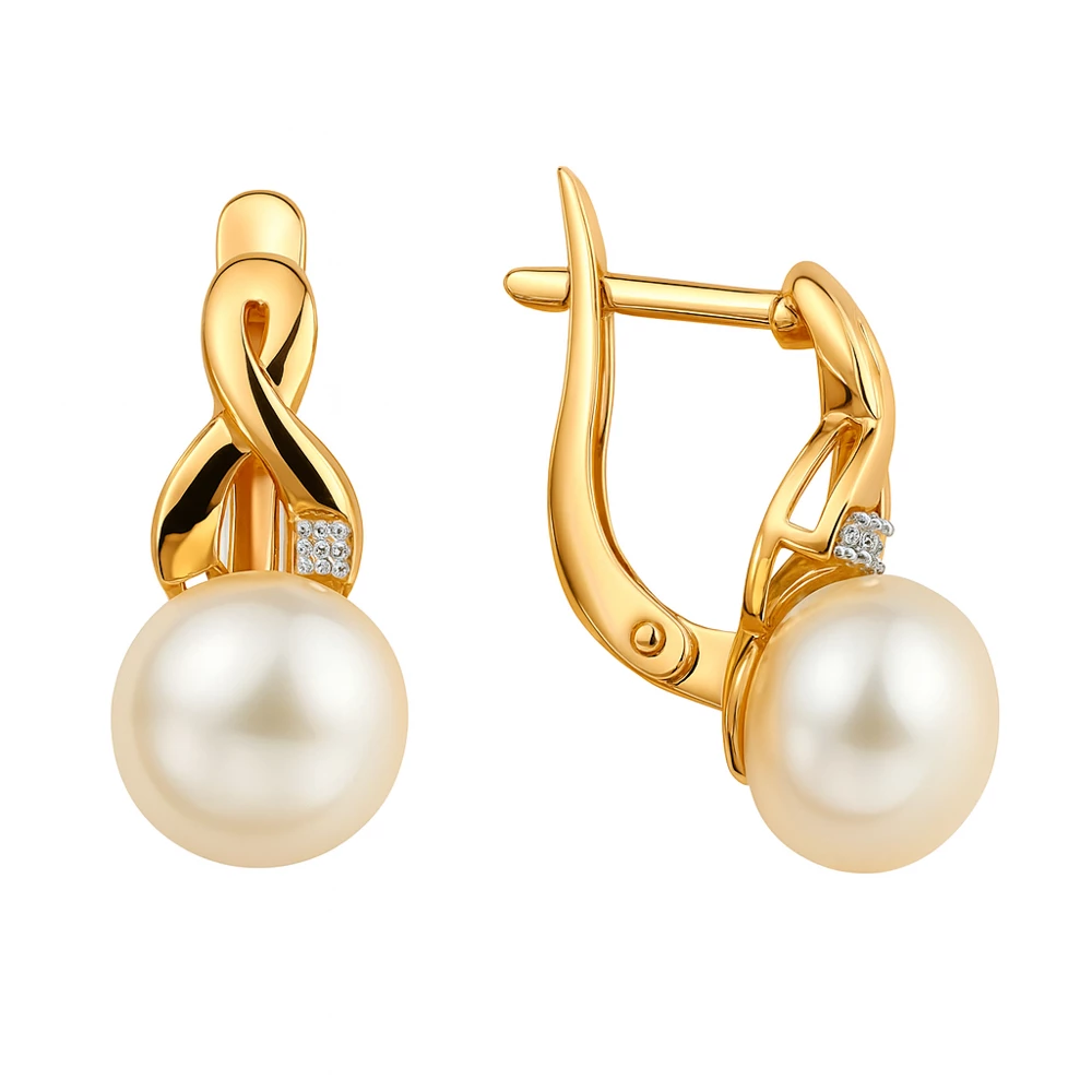 Серьги с культивированным жемчугом и фианитами из красного золота 585 пробы Серьги с культивированным жемчугом и фианитами из красного золота 585 пробы