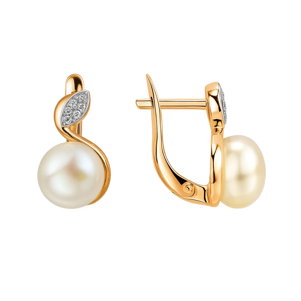 Серьги с культивированным жемчугом и фианитами из красного золота 585 пробы Серьги с культивированным жемчугом и фианитами из красного золота 585 пробы