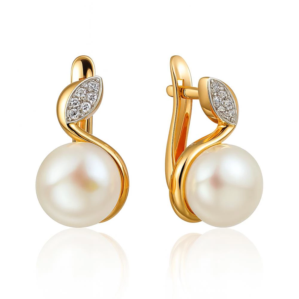 Серьги с культивированным жемчугом и фианитами из красного золота 585 пробы Серьги с культивированным жемчугом и фианитами из красного золота 585 пробы