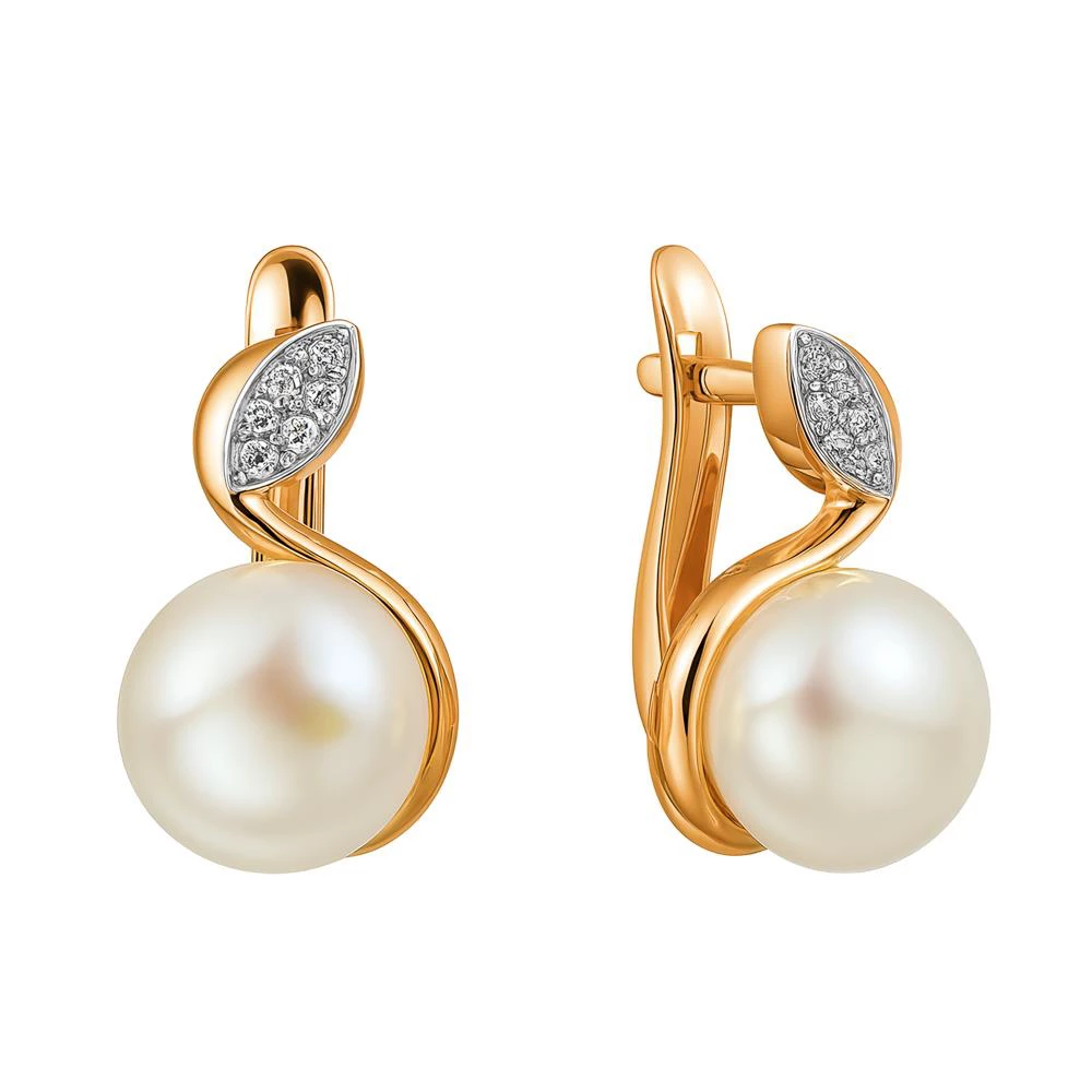 Серьги с культивированным жемчугом и фианитами из красного золота 585 пробы