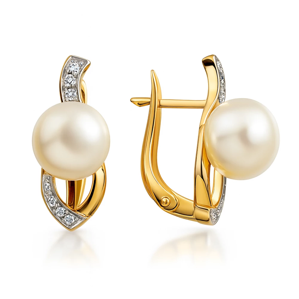 Серьги с культивированным жемчугом и фианитами из красного золота 585 пробы Серьги с культивированным жемчугом и фианитами из красного золота 585 пробы