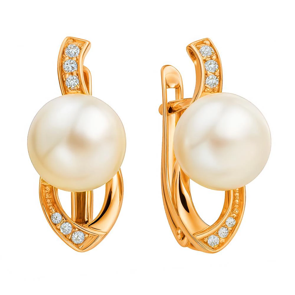 Серьги с культивированным жемчугом и фианитами из красного золота 585 пробы