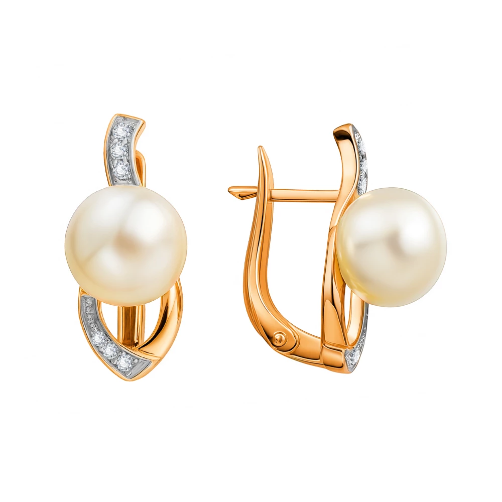 Серьги с культивированным жемчугом и фианитами из красного золота 585 пробы