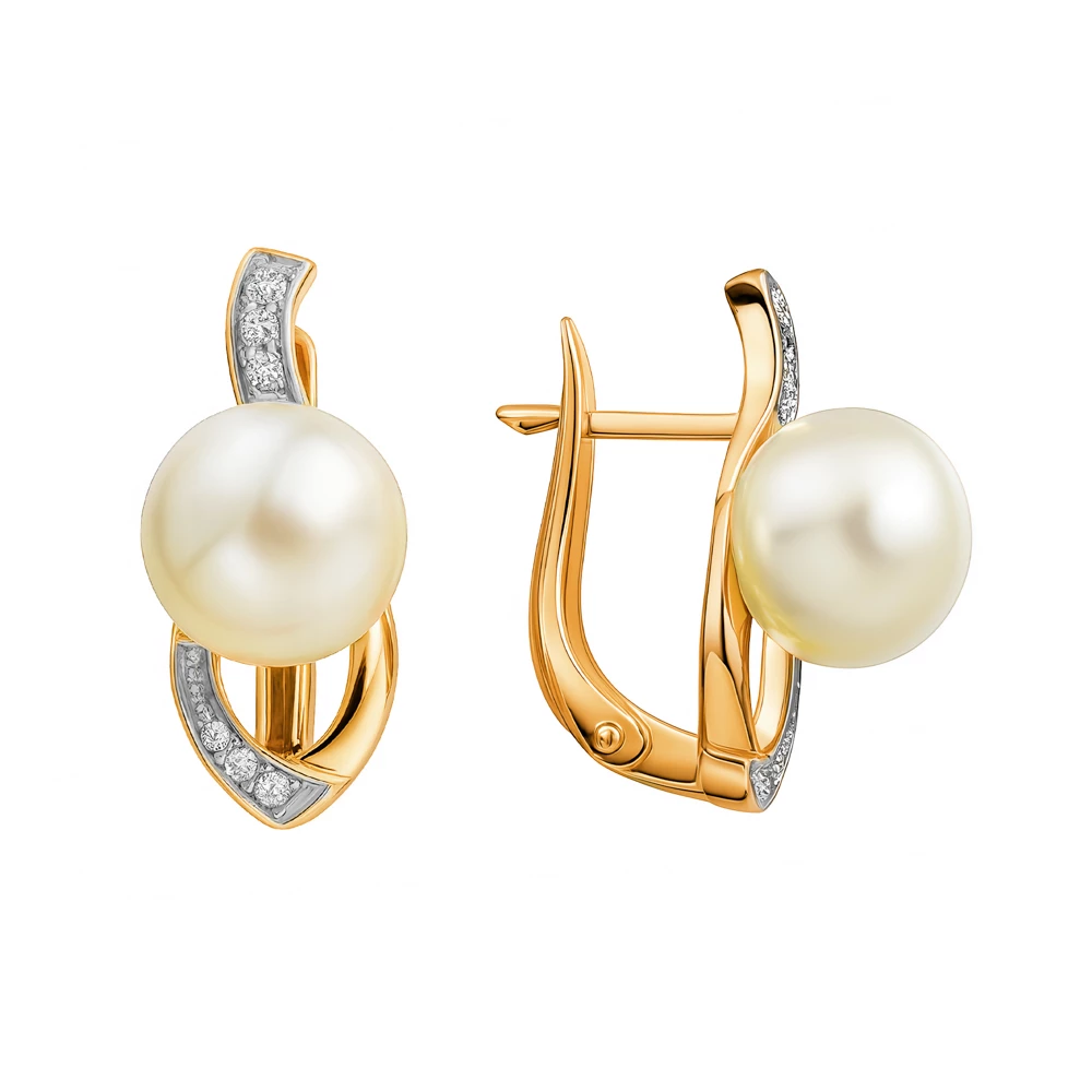 Серьги с культивированным жемчугом и фианитами из красного золота 585 пробы