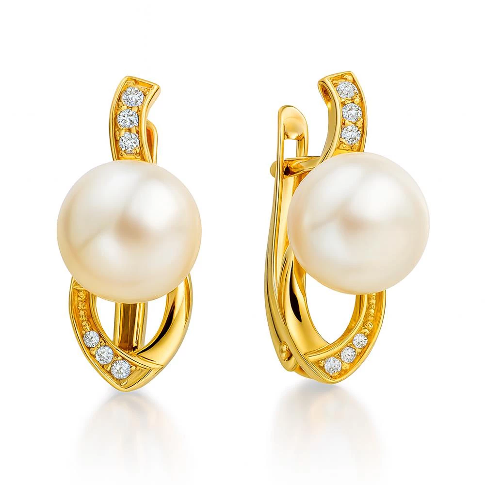 Серьги с культивированным жемчугом и фианитами из красного золота 585 пробы Серьги с культивированным жемчугом и фианитами из красного золота 585 пробы