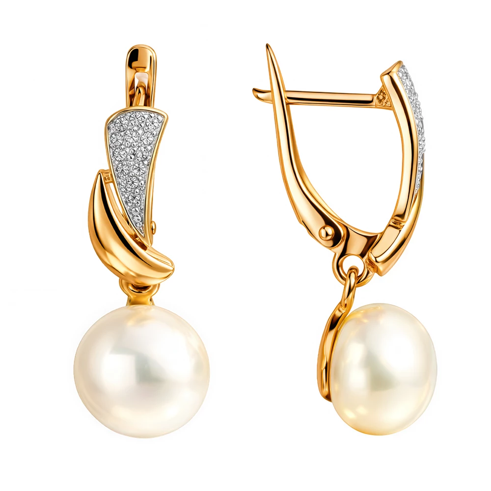 Серьги с культивированным жемчугом и фианитами из красного золота 585 пробы