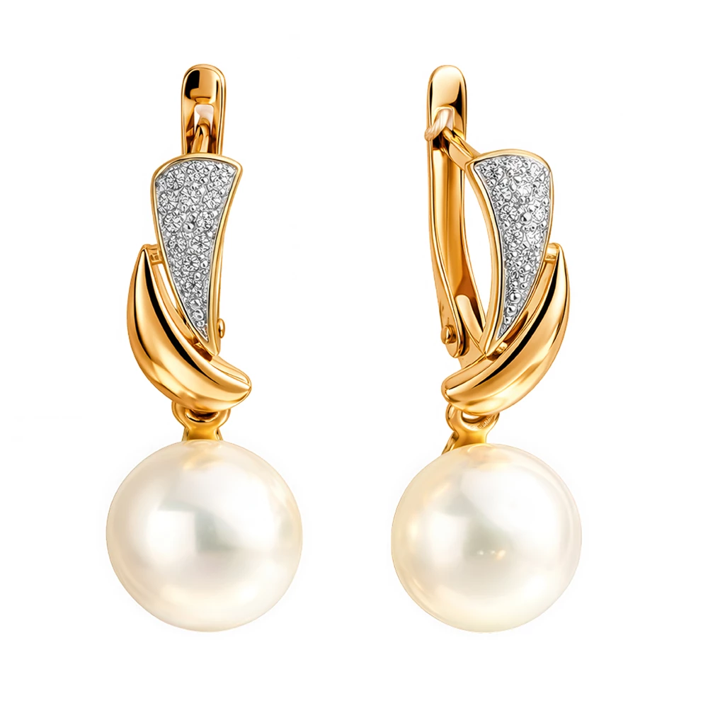 Серьги с культивированным жемчугом и фианитами из красного золота 585 пробы