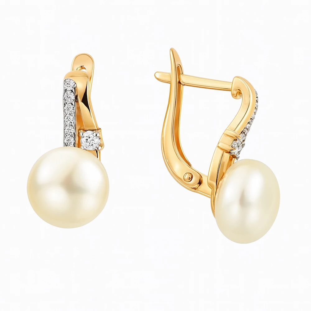 Серьги с культивированным жемчугом и фианитами из красного золота 585 пробы Серьги с культивированным жемчугом и фианитами из красного золота 585 пробы