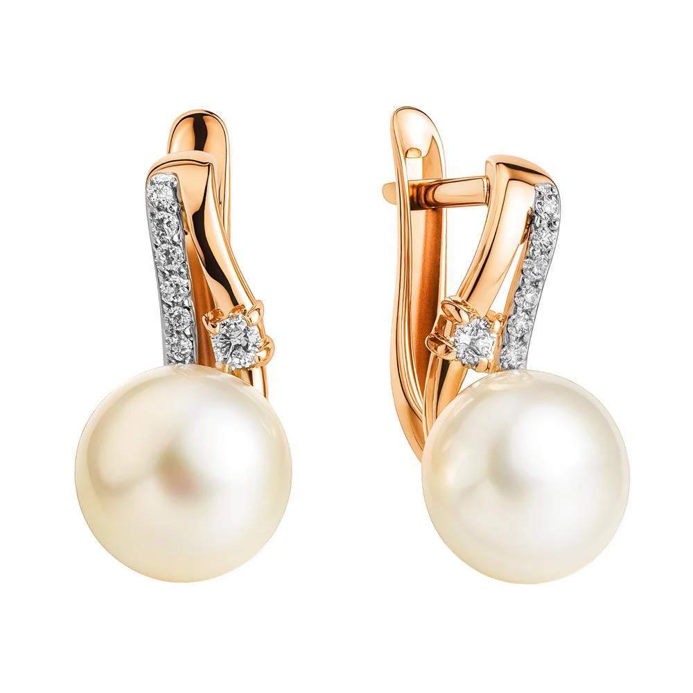 Серьги с культивированным жемчугом и фианитами из красного золота 585 пробы