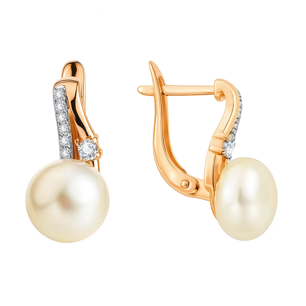 Серьги с культивированным жемчугом и фианитами из красного золота 585 пробы
