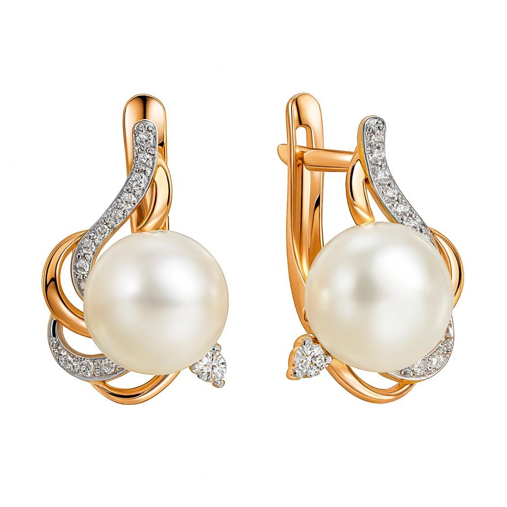 Серьги с культивированным жемчугом и фианитами из красного золота 585 пробы