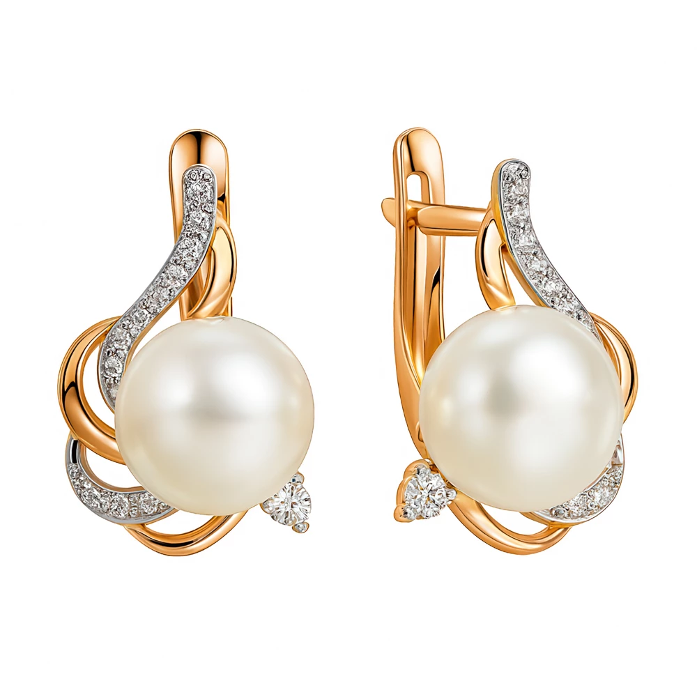 Серьги с культивированным жемчугом и фианитами из красного золота 585 пробы Серьги с культивированным жемчугом и фианитами из красного золота 585 пробы