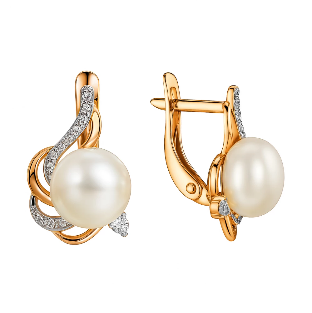 Серьги с культивированным жемчугом и фианитами из красного золота 585 пробы