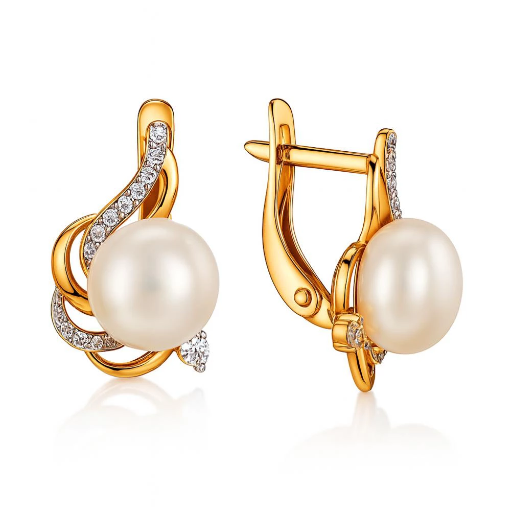 Серьги с культивированным жемчугом и фианитами из красного золота 585 пробы Серьги с культивированным жемчугом и фианитами из красного золота 585 пробы