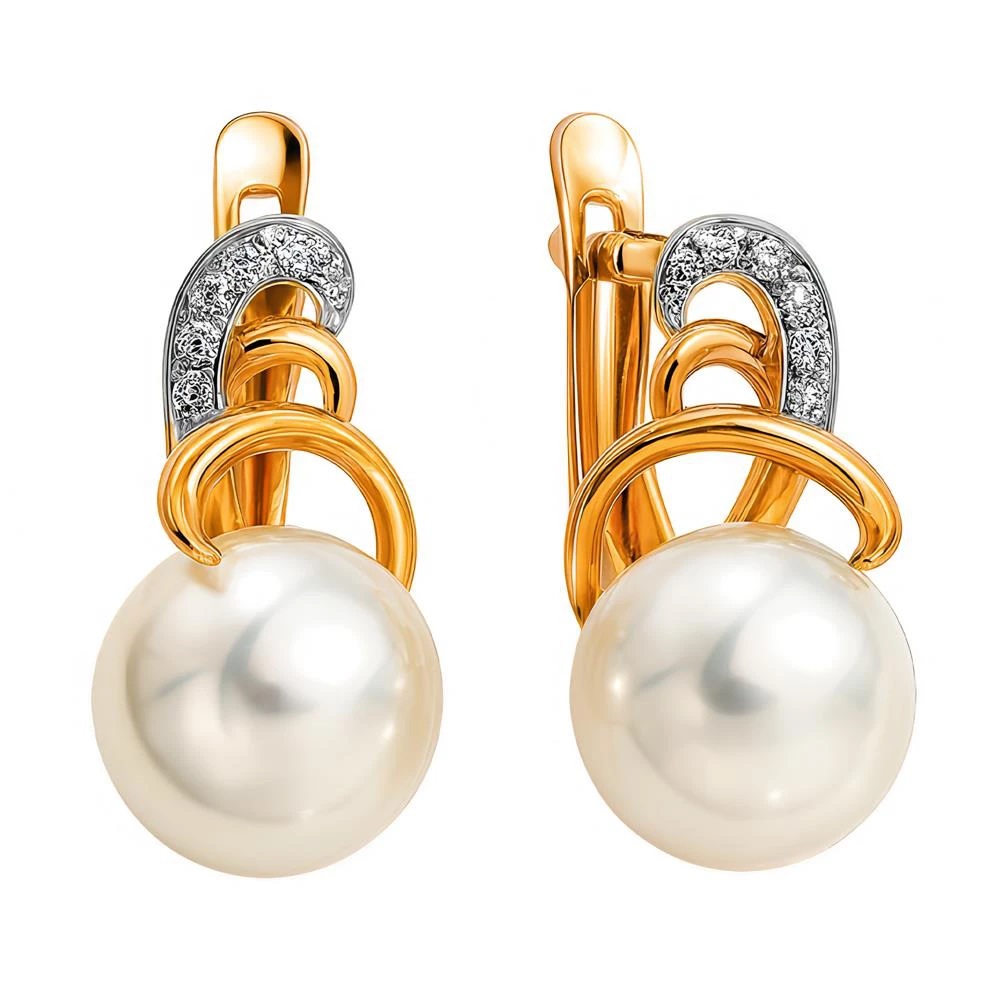 Серьги с культивированным жемчугом и фианитами из красного золота 585 пробы