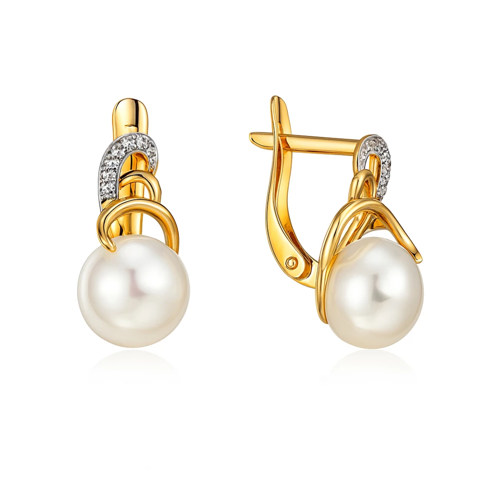 Серьги с культивированным жемчугом и фианитами из красного золота 585 пробы Серьги с культивированным жемчугом и фианитами из красного золота 585 пробы