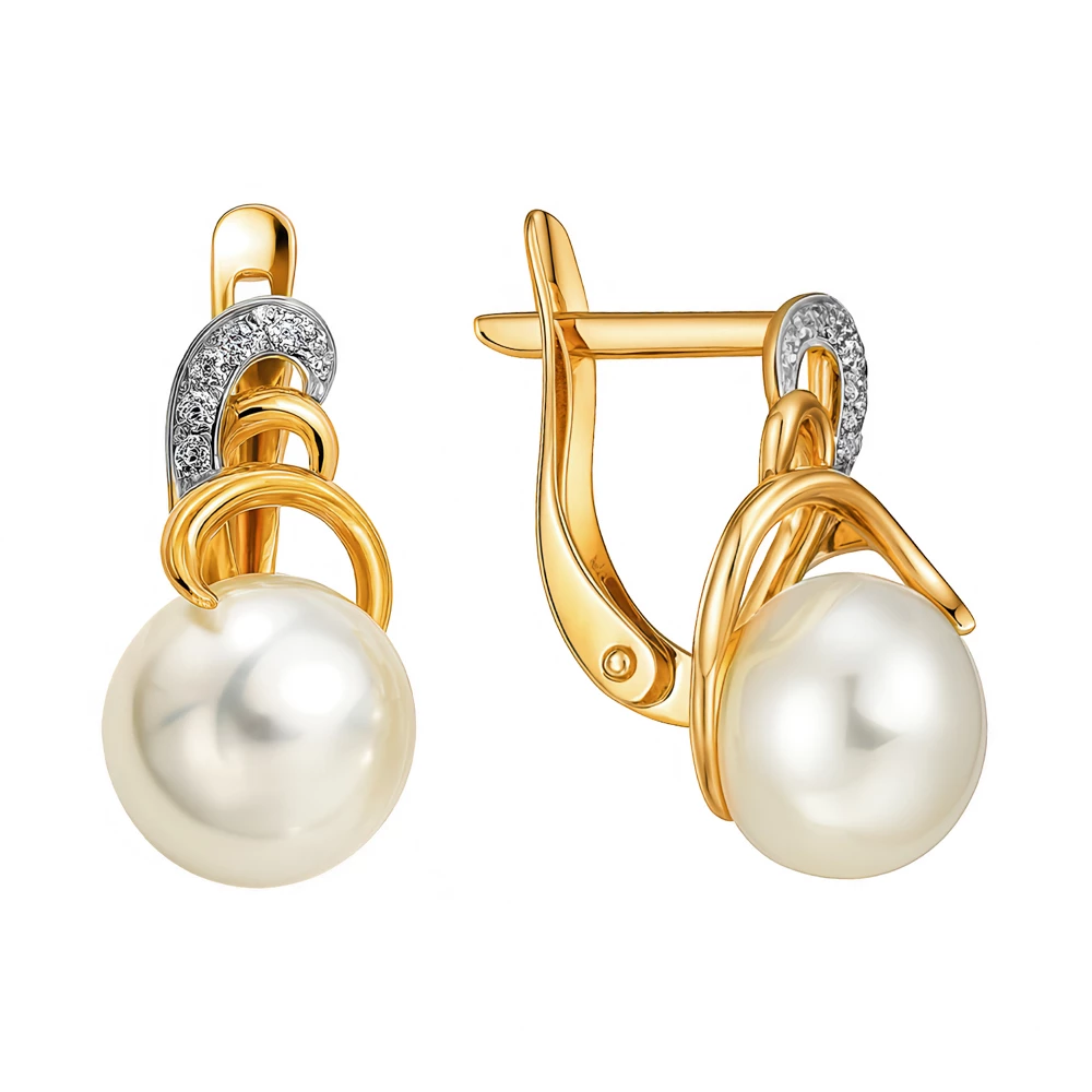 Серьги с культивированным жемчугом и фианитами из красного золота 585 пробы