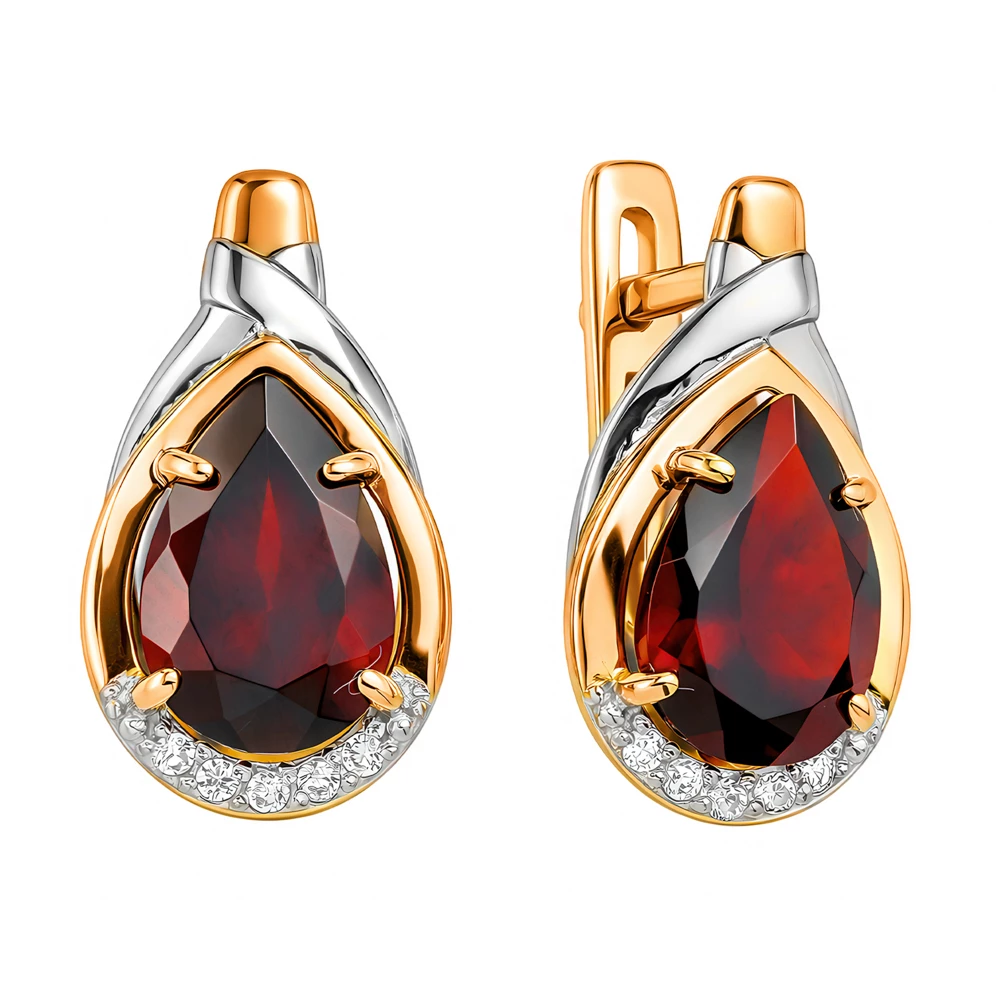 Серьги с гранатами и фианитами из красного золота 585 пробы