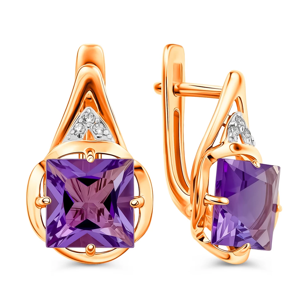 Серьги с аметистами и фианитами из красного золота 375 пробы