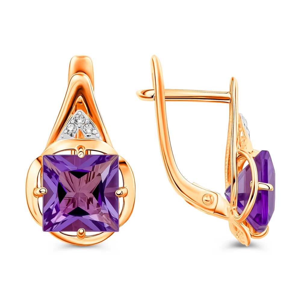 Серьги с аметистами и фианитами из красного золота 375 пробы