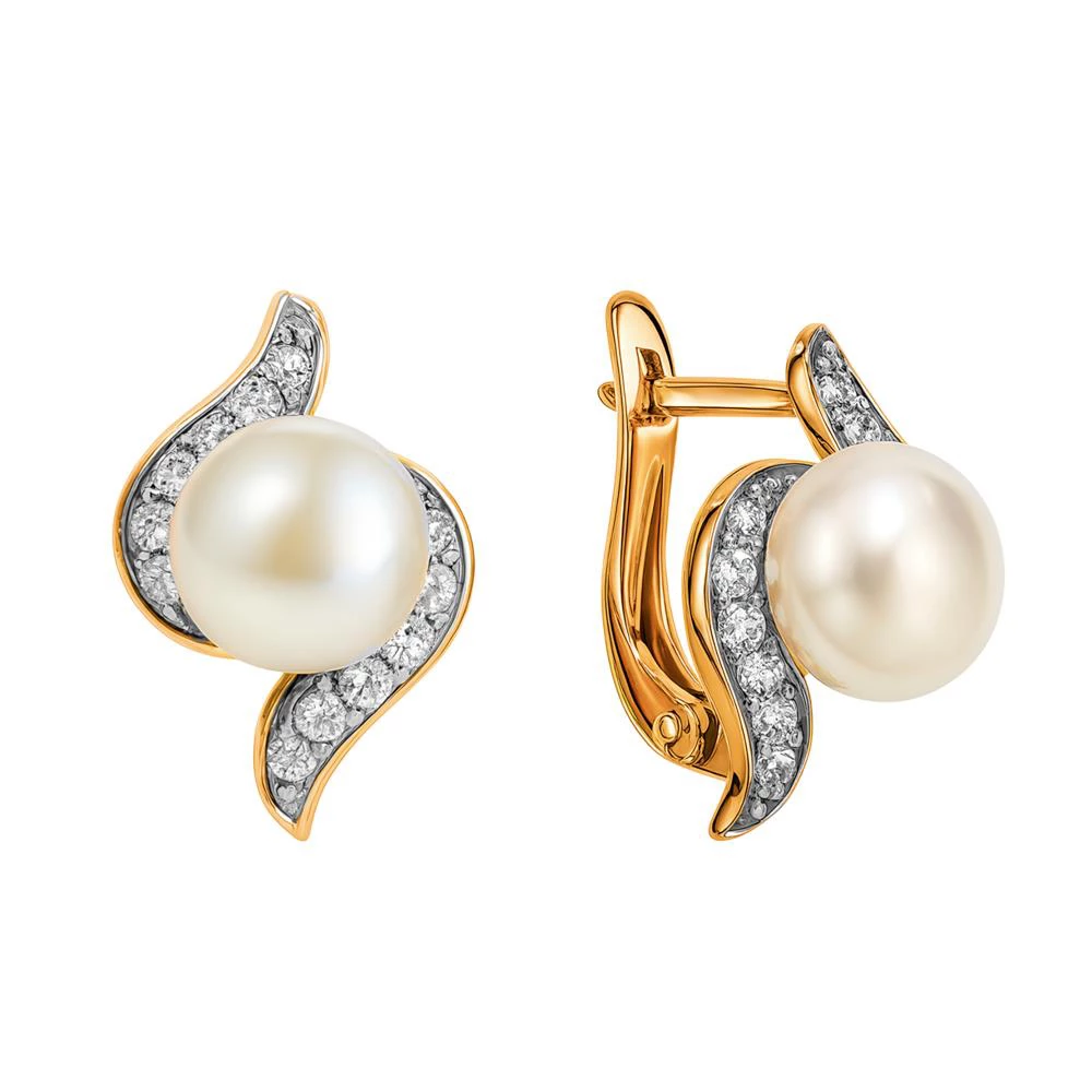 Серьги с культивированным жемчугом и фианитами из красного золота 375 пробы