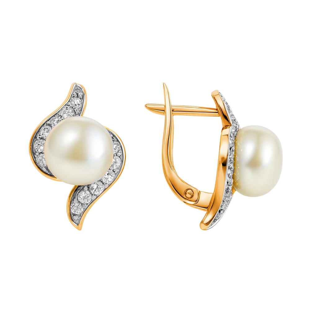 Серьги с культивированным жемчугом и фианитами из красного золота 375 пробы