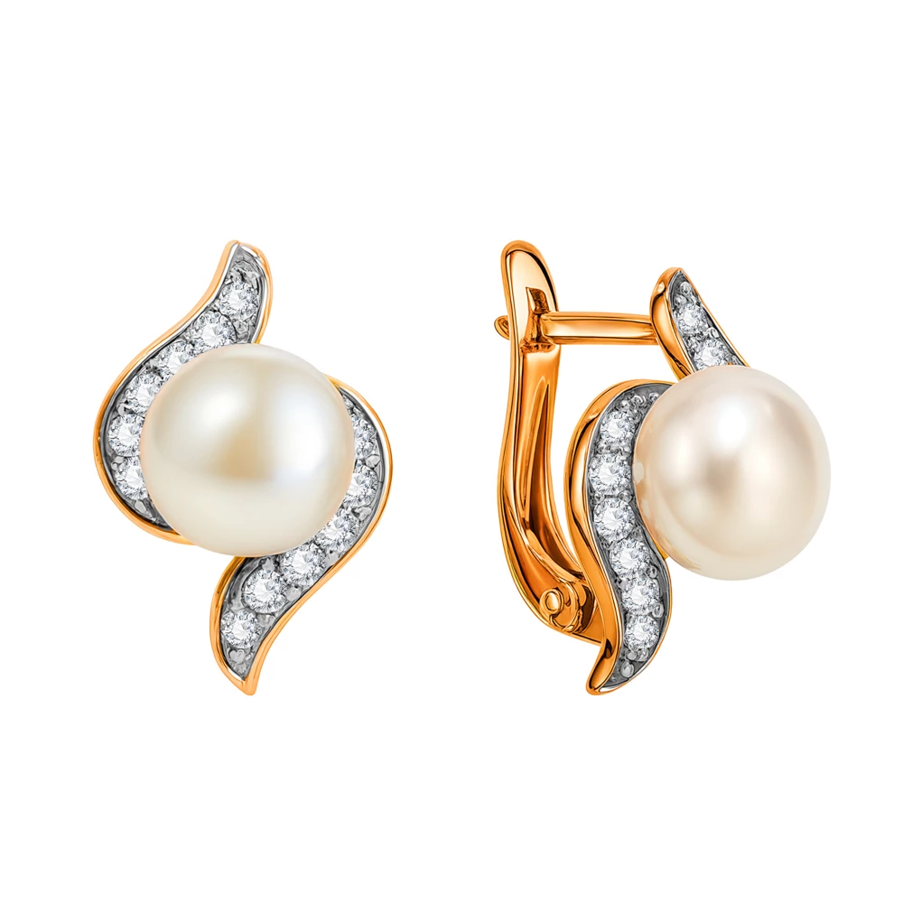 Серьги с культивированным жемчугом и фианитами из красного золота 375 пробы