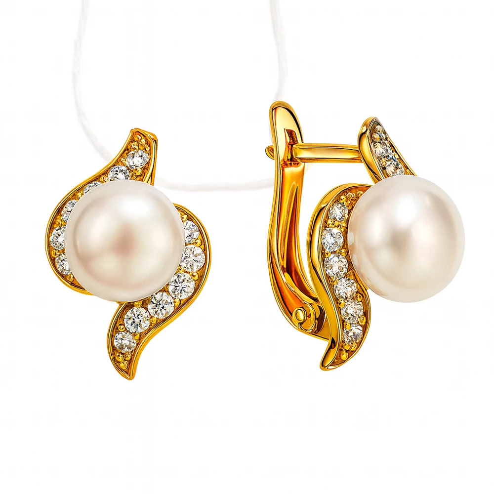 Серьги с культивированным жемчугом и фианитами из красного золота 375 пробы
