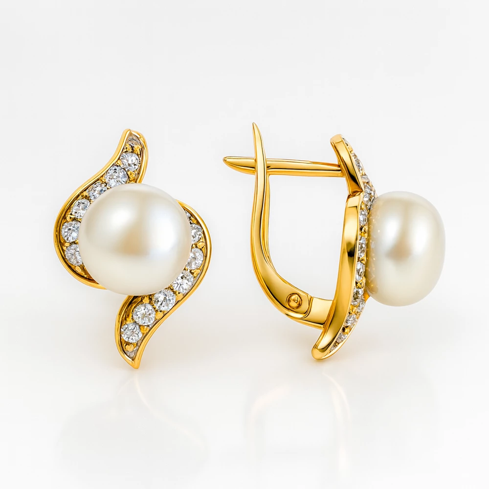 Серьги с культивированным жемчугом и фианитами из красного золота 375 пробы