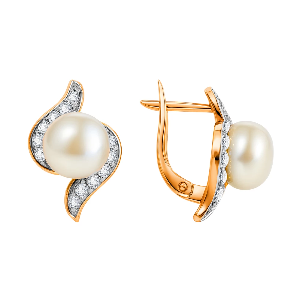 Серьги с культивированным жемчугом и фианитами из красного золота 375 пробы