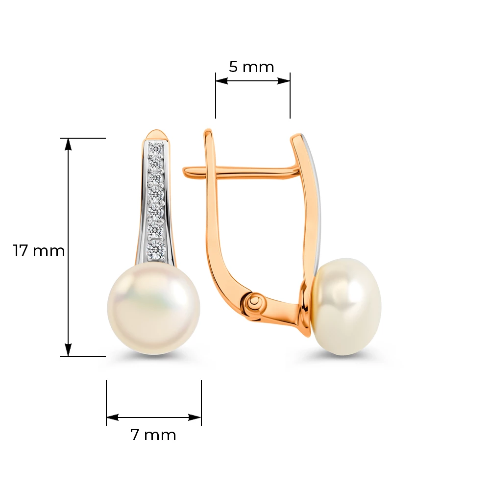 Серьги с культивированным жемчугом и фианитами из красного золота 375 пробы