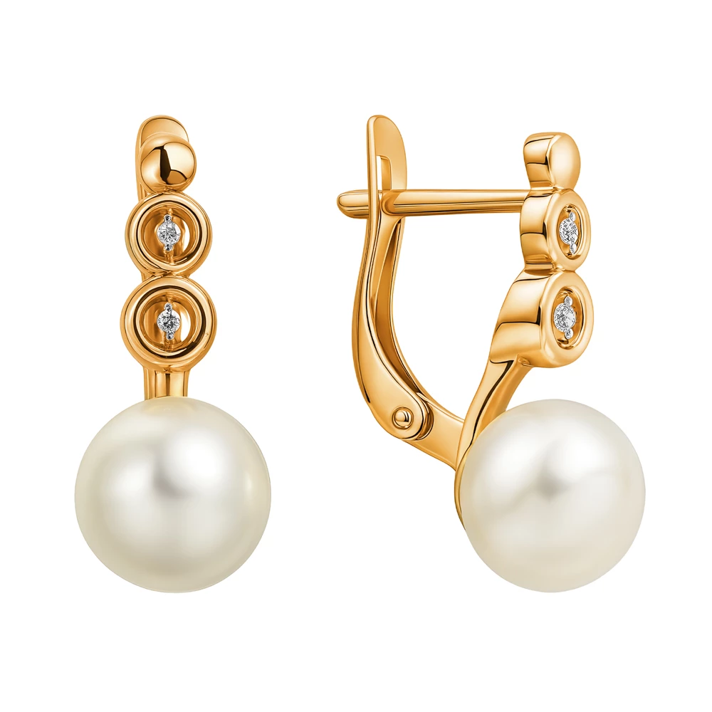 Серьги с культивированным жемчугом и фианитами из красного золота 375 пробы