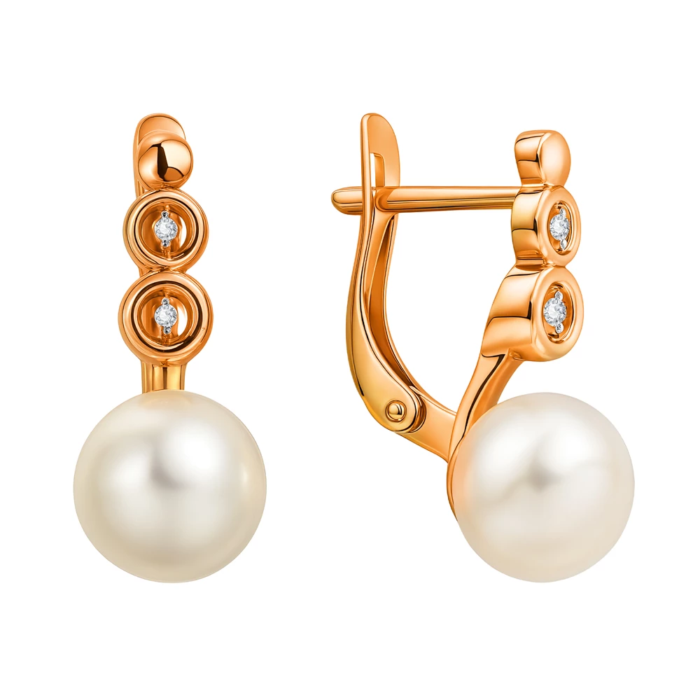 Серьги с культивированным жемчугом и фианитами из красного золота 375 пробы Серьги с культивированным жемчугом и фианитами из красного золота 375 пробы