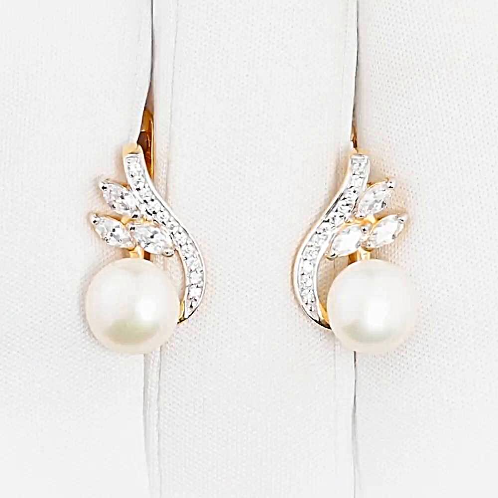 Серьги с культивированным жемчугом и фианитами из красного золота 375 пробы 1