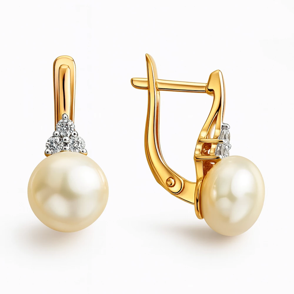 Серьги с культивированным жемчугом и фианитами из красного золота 375 пробы