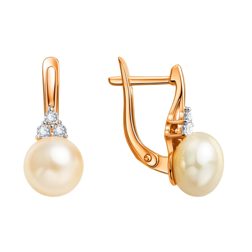 Серьги с культивированным жемчугом и фианитами из красного золота 375 пробы