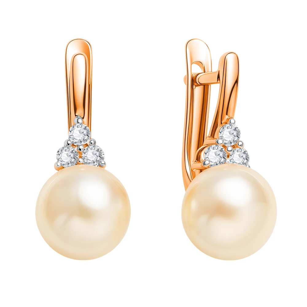 Серьги с культивированным жемчугом и фианитами из красного золота 375 пробы