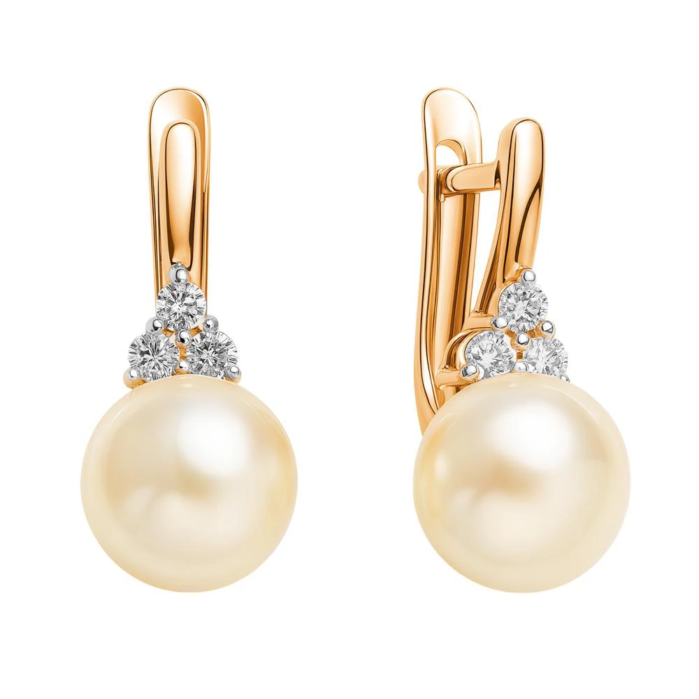 Серьги с культивированным жемчугом и фианитами из красного золота 375 пробы