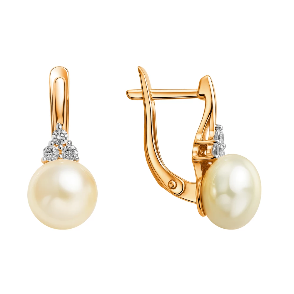 Серьги с культивированным жемчугом и фианитами из красного золота 375 пробы