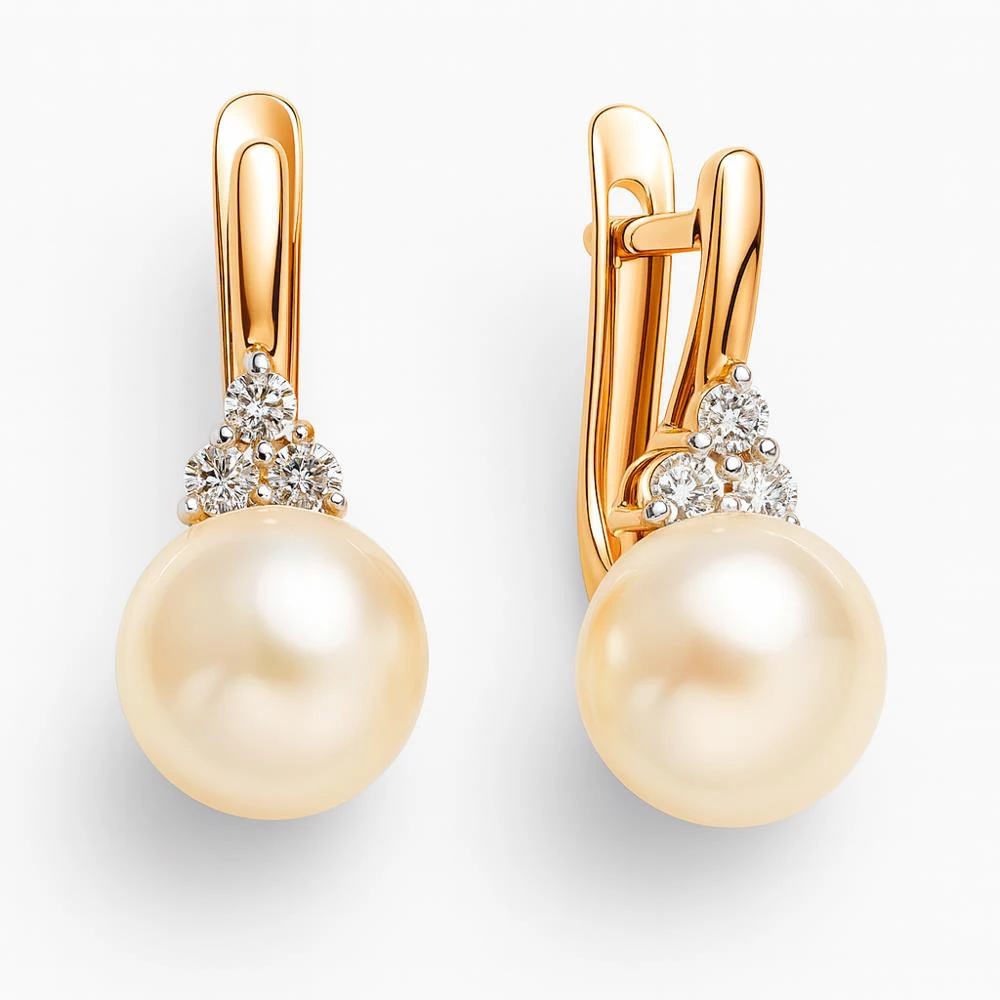 Серьги с культивированным жемчугом и фианитами из красного золота 375 пробы Серьги с культивированным жемчугом и фианитами из красного золота 375 пробы