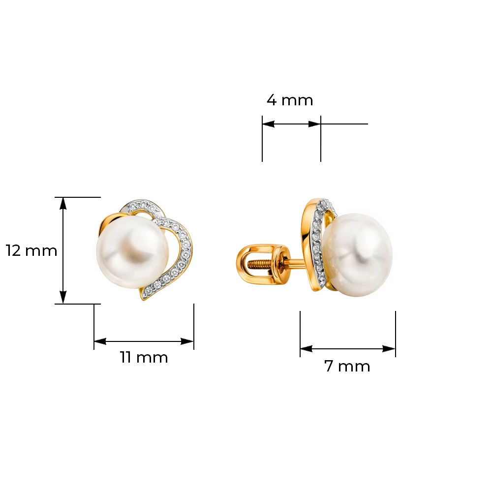 Серьги с культивированным жемчугом и фианитами из красного золота 375 пробы